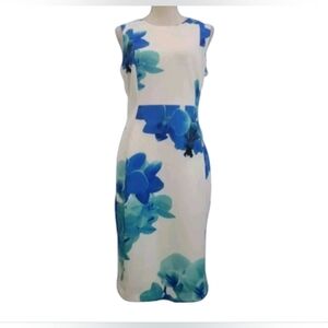 Calvin Klein Dress Blue Floral Size 12 White Knee Length Sleeveless Exposed Zip